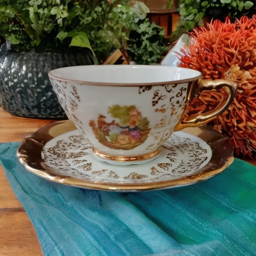 Vtg Jollis Salvream Tea Cup Saucer Gold Trim Porcelain Fragonard Courting Couple